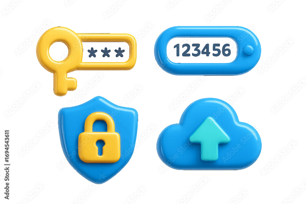 Poster digital security and data protection symbols with password key, shield lock, one-time password, and 