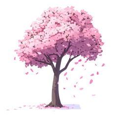 Obraz premium Cherry blossom tree with tall branches and drifting pink petals. Beautiful sakura floral illustration on transparent background PNG.