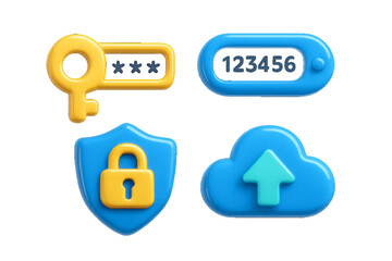 Digital security and data protection symbols with password key, shield lock, one-time password, and cloud upload