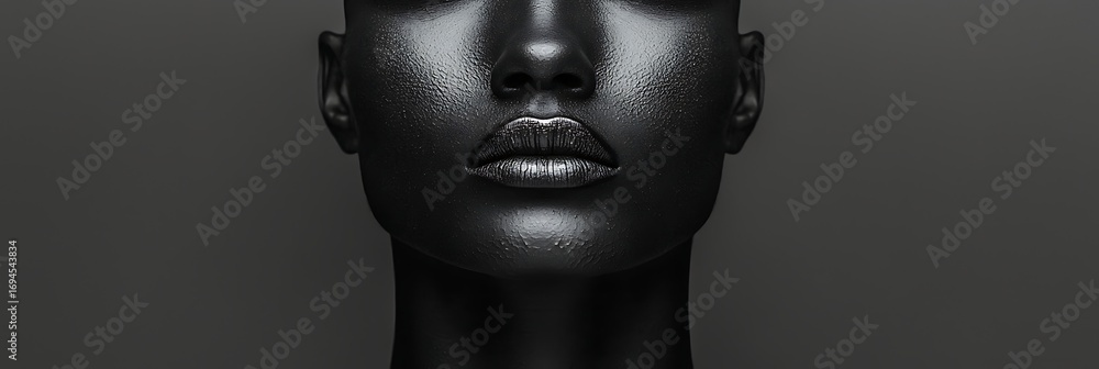 Poster a striking, monochromatic image of a sculpted face with a matte finish, emphasizing texture and form