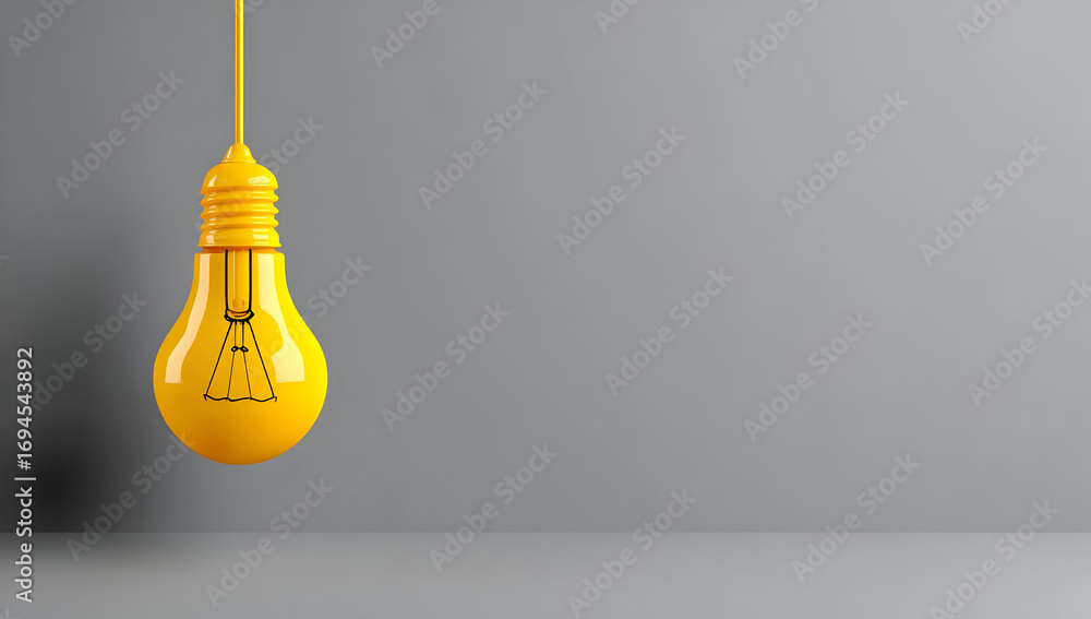 Poster a vibrant yellow light bulb hangs from a thin string against a smooth gray background, symbolizing c