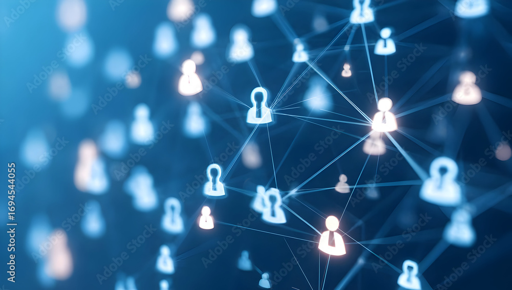 Poster abstract digital network of interconnected user icons symbolizing online communication and social co