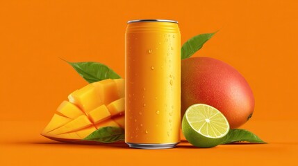 Fototapeta premium Elegant photo of mango Juice Can with Fresh Mango and Slice.