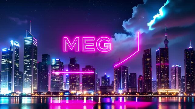 A vibrant city skyline at night, illuminated with neon lights, with MEG displayed