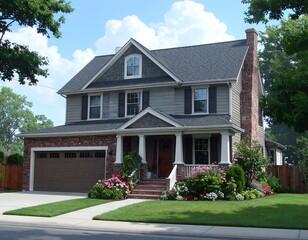 Suburban home with a porch and landscaping