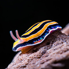 Colorful sea slug crawling on rock, showcasing vibrant patterns and textures
