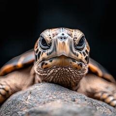 Curious sea turtle peeking out from behind rock, showcasing intricate patterns and textures