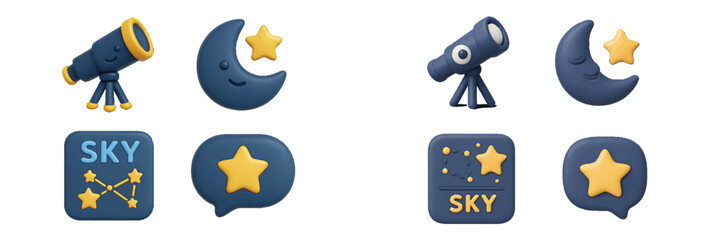 Astronomy and night sky symbols with telescope, crescent moon, stars, and constellation for celestial exploration