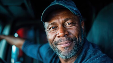 A cheerful truck driver smiling warmly in the cabin of his vehicle, portraying dedication and the joy of long journeys on the open road, inviting feelings of camaraderie.