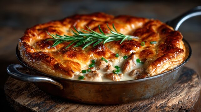 Delicious chicken pot pie with a flaky golden crust, garnished with fresh rosemary, enticing the senses with its aroma and promising comfort in every bite.