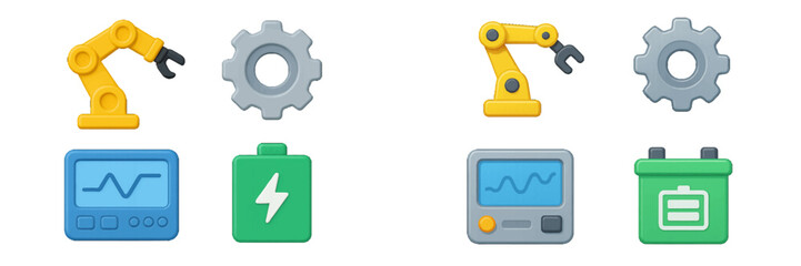Set of stylized industrial automation, engineering, and energy technology icons including robotic arm, gear, monitor, and battery