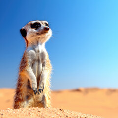Curious meerkat standing guard in desert, showcasing its alertness and charm