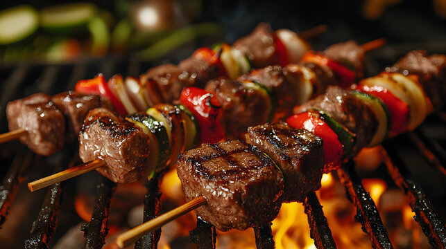 Close-up shot of grilled skewers with beef
