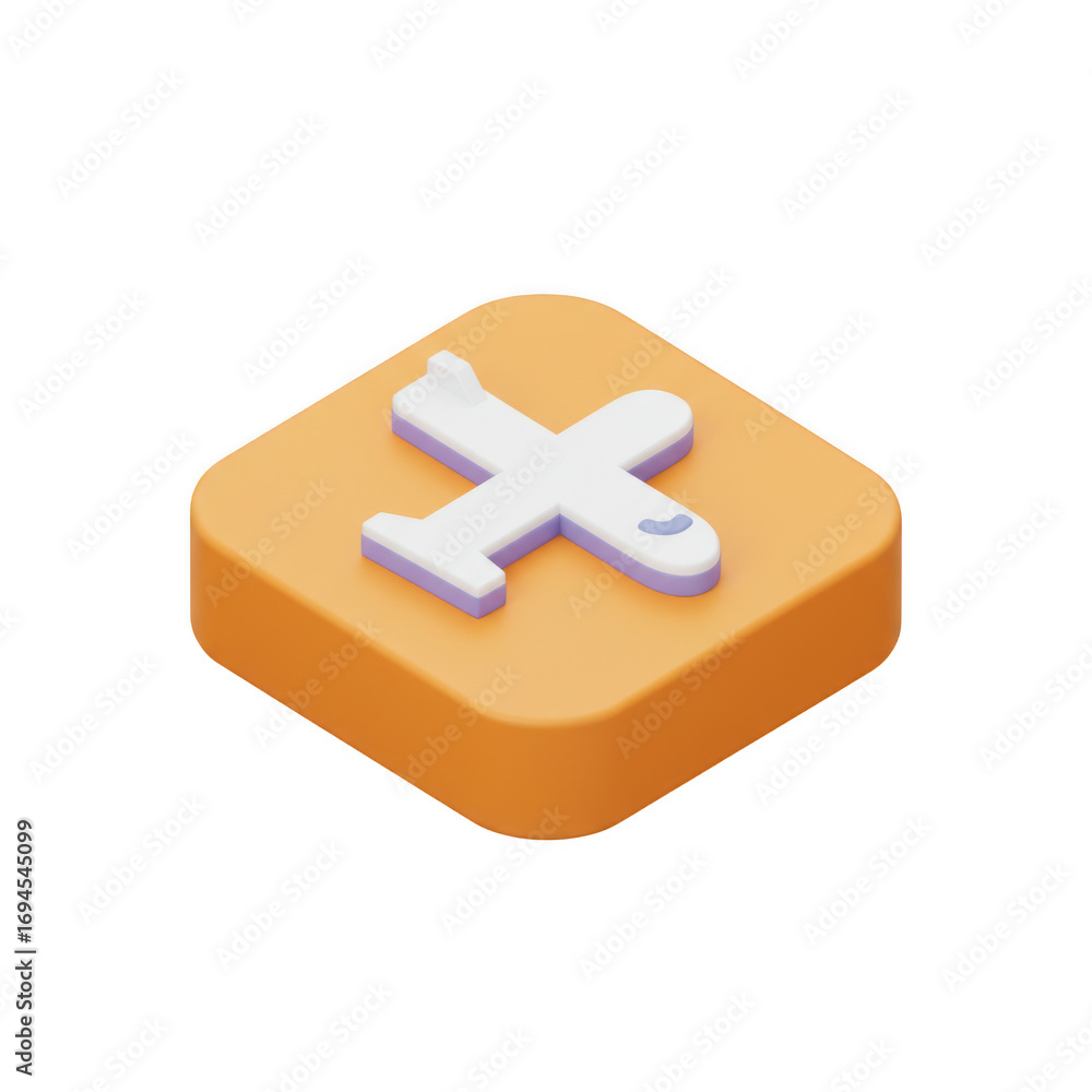 Poster isometric 3d airplane icon on orange square button isolated on transparent background