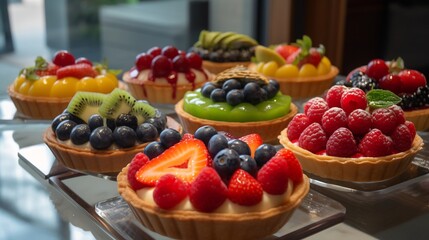 Fototapeta premium Assortment of colorful fruit tarts topped with strawberries blueberries and kiwi styled in a French patisserie window display