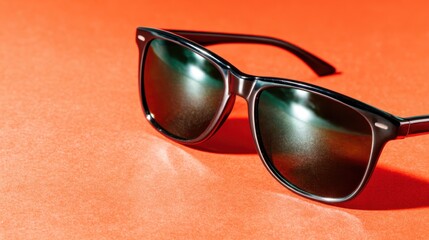 A stylish pair of black sunglasses rests on a vibrant orange surface, creating a striking visual contrast that highlights the accessory's sleek design and contemporary appeal.