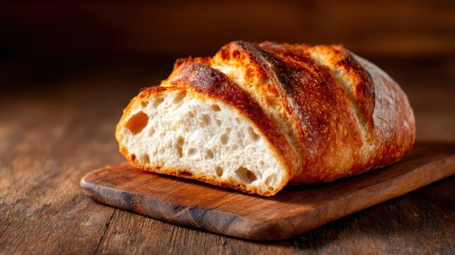 A beautifully baked loaf of bread resting on a wooden cutting board, showcasing the texture and warmth, inviting the viewer to appreciate comfort and culinary art.