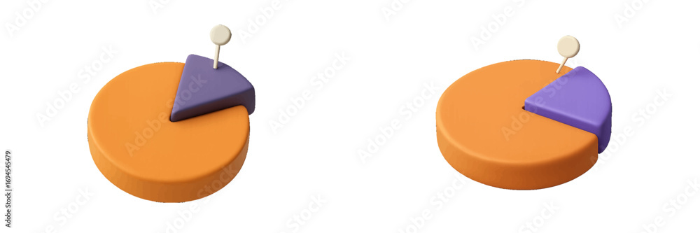 Poster two colorful 3d pie charts with a highlighted segment and pin marker for data visualization and busi