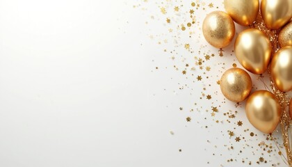 Collection of golden balloons and sparkling confetti creates festive mood on clean white backdrop. Shiny gold decor elements for party, birthday, wedding, holiday and special occasions.