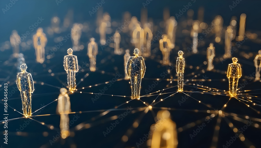 Poster abstract representation of interconnected digital figures, symbolizing networking and technology in 