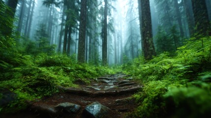 Obraz premium A breathtaking mist-covered forest, lush with greenery, creates a tranquil and mystical atmosphere, showcasing nature's beauty and serenity in a secluded setting.