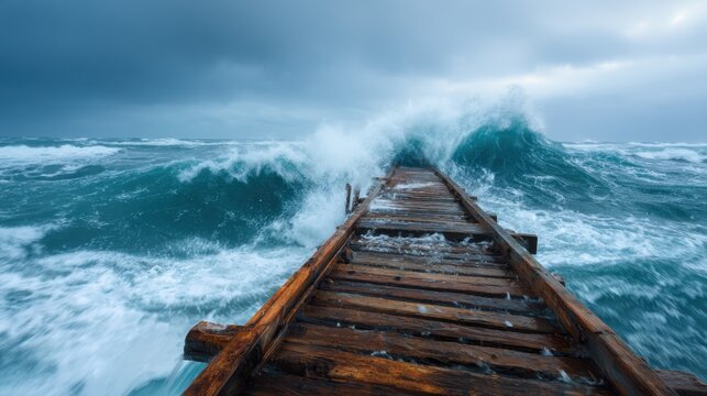 A powerful wave crashes over a worn wooden pier, capturing the raw energy of the ocean. This stormy seascape evokes a sense of nature's beauty and ferocity.