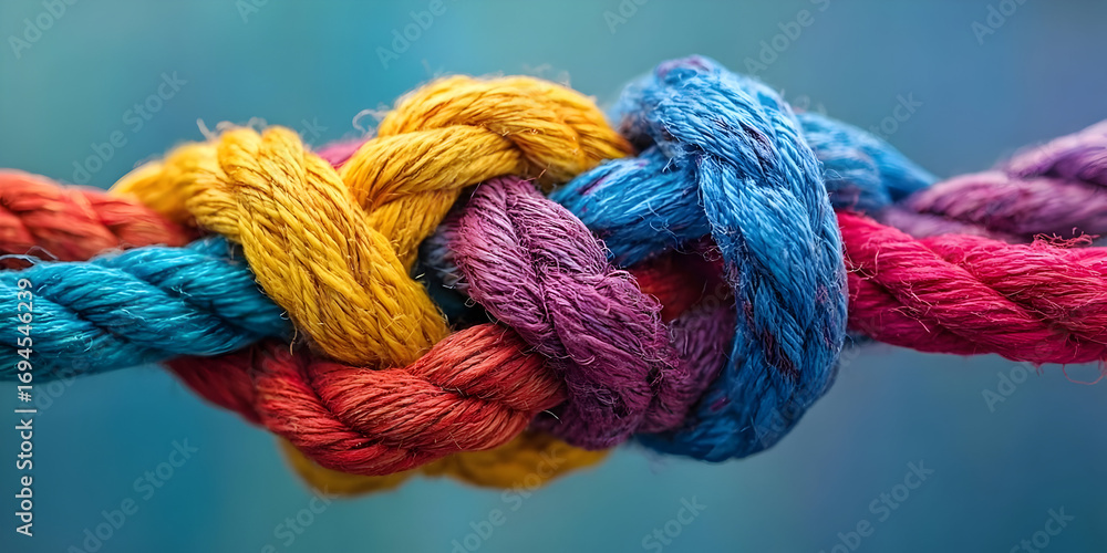Poster a vibrant knot of colorful ropes showcasing craftsmanship and creativity, perfect for illustrating u