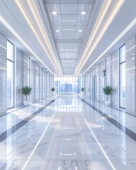 Obraz premium Stylish contemporary hallway featuring lush potted plants and expansive windows for natural light