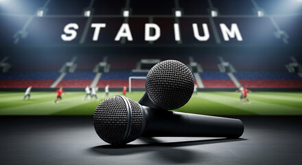 Two microphones on a table ready for sports commentary in a packed stadium at night