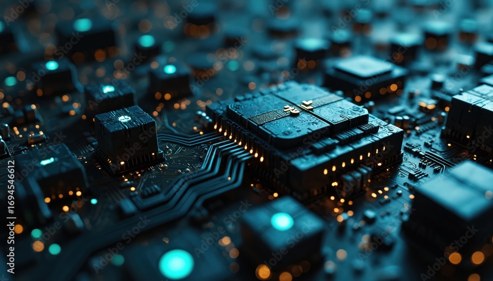 Poster cybernetic dreamscape illustration featuring intricate circuitry, glowing neon lines on dark, futuri