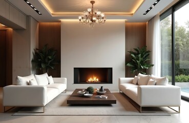 Modern luxury living room features white sofas, contemporary fireplace with warm flame, elegant overhead lighting. Large windows offer view of rich green plants, creating serene, sophisticated
