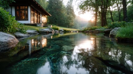 A serene view of a calm stream flowing gently beside a cozy cabin amidst lush greenery, offering a peaceful escape into nature's embrace and tranquility.