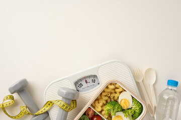 A composition featuring healthy food, dumbbells, measuring tape, water bottle, and a weighing...