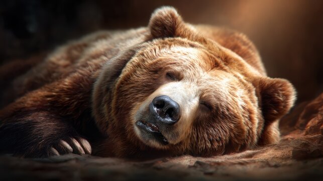A majestic brown bear peacefully sleeping in its natural habitat, embodying tranquility and strength, showcasing the beauty of wildlife and the importance of animal conservation.