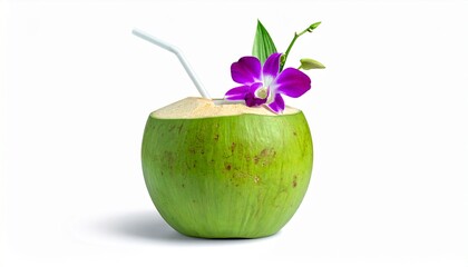 A fresh green coconut with a white straw and a vibrant purple orchid on top, set against a clean white background, evoking tropical refreshment.