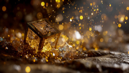Ancient wooden chest overflowing with golden light and sparkling magic dust