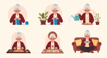 Granny's Cozy Moments Flat Vector Illustrations of Elderly Lady