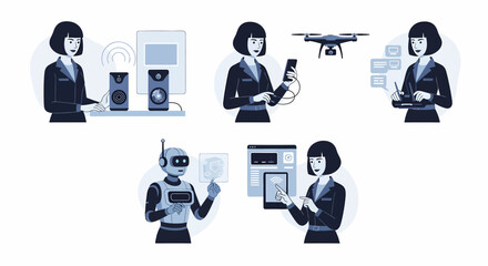 Flat vector people interacting with technology and AI