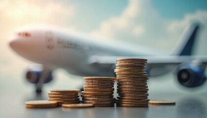 Stacks of coins in front of airplane symbolize travel costs, financial investment in air travel. Image highlights expense, budget, planning involved in flights, journeys, vacations. Represents value