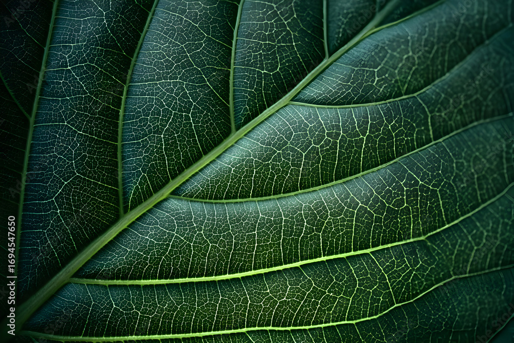 Poster macro image showcasing intricate details of a vibrant green leaf, highlighting natural textures and 