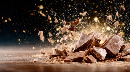 An artistic capture of chocolate chunks bursting apart, creating an explosion of rich textures and colors, enticing those who appreciate gourmet dessert delights.