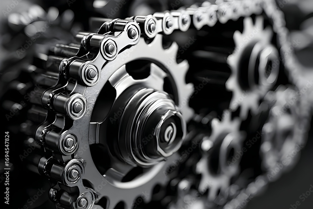 Poster close-up of precision gears and chains, showcasing intricate engineering and metal craftsmanship in 