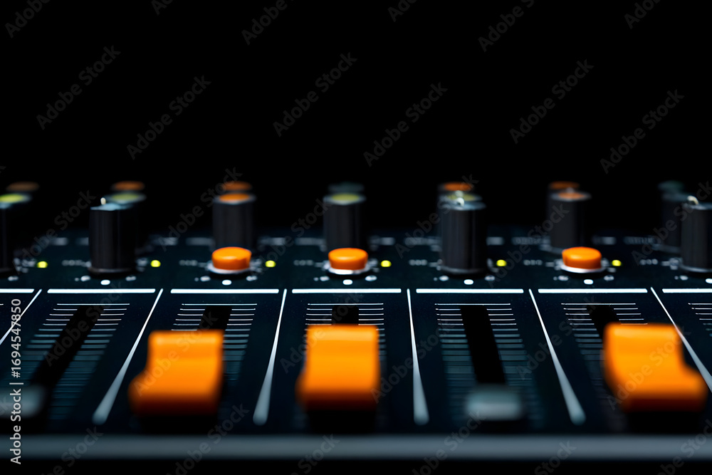 Poster close-up view of a digital audio mixer with vibrant controls and knobs, showcasing a professional so