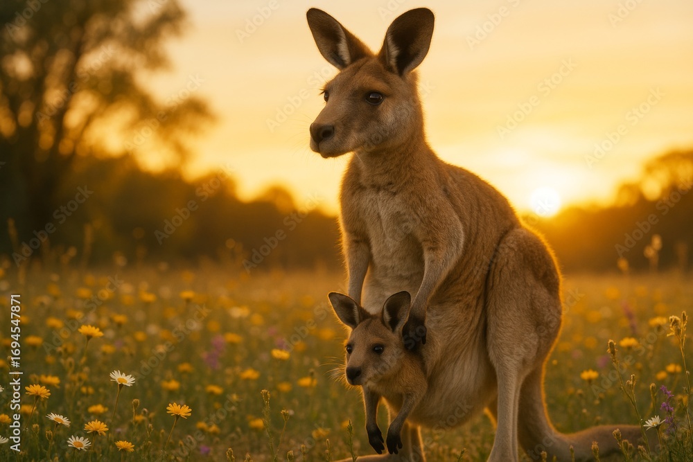 Poster mother kangaroo with joey in pouch standing in wildflower field under golden sunset light, natural b