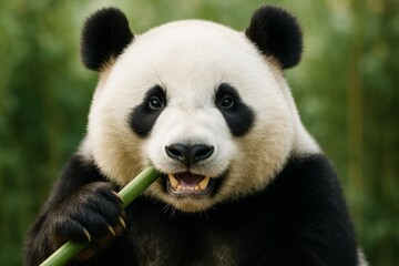 Fototapeta premium Close-up of giant panda chewing bamboo with green forest background and soft natural light, showcasing adorable animal expression and texture details. Ai generative