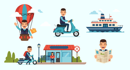 Naklejka premium Flat vector diverse transportations and travel elements set
