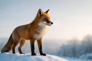 Naklejka premium Majestic red fox standing alert on snowy hill during golden hour light with soft winter forest background in peaceful wilderness scene. Ai generative