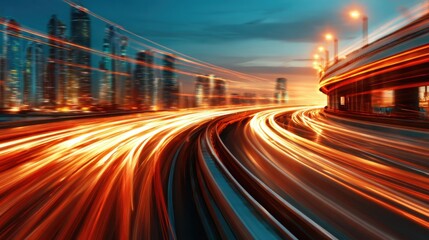 An extraordinary view of a bustling city at night, featuring striking light trails that illustrate the fast pace of urban life, showcasing the beauty of movement and illumination.