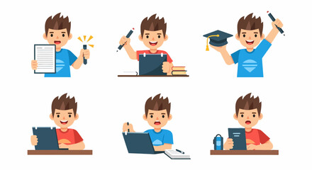 Fototapeta premium Flat vector cartoon boy studying learning and working