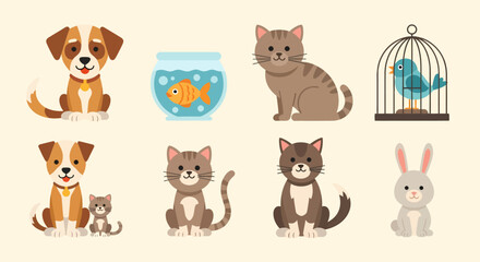 Flat vector set cute domestic animals pets collection